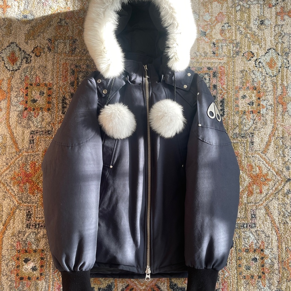 Women’s Moose Knuckles Black Puffer Jacket with White Fur Trim